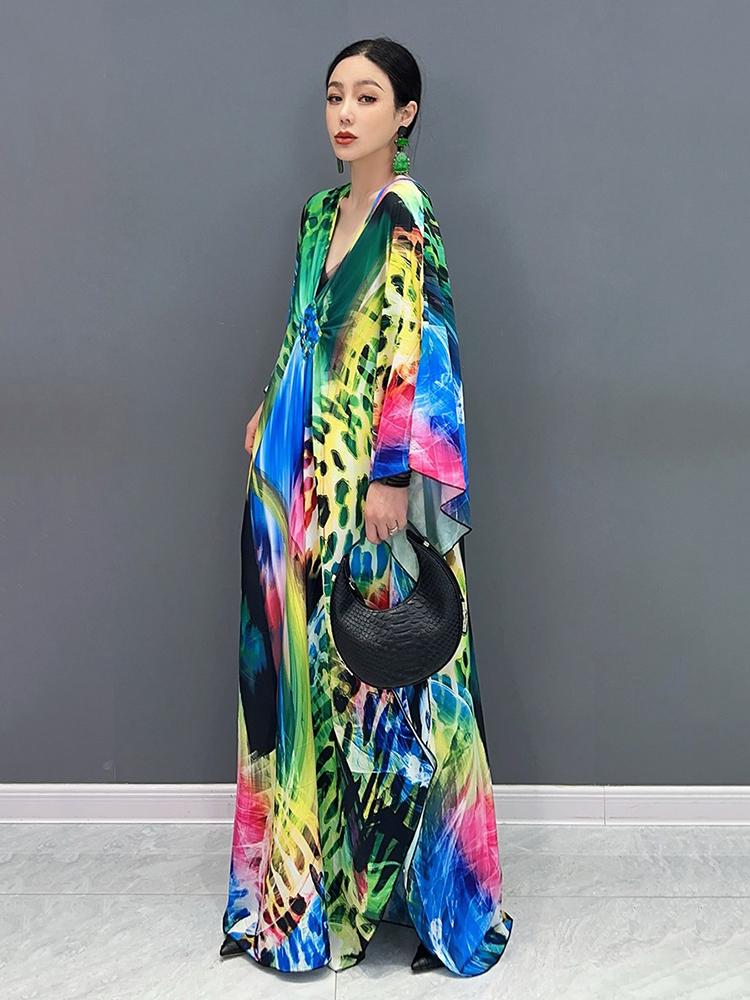 XITAO Batwing Sleeve V-neck Print Dress Loose Women ZY8774