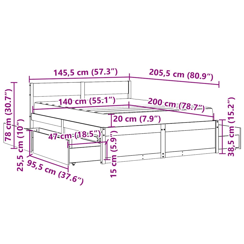 Bed with Drawers and Mattress White 140x200 Cm Solid Wood