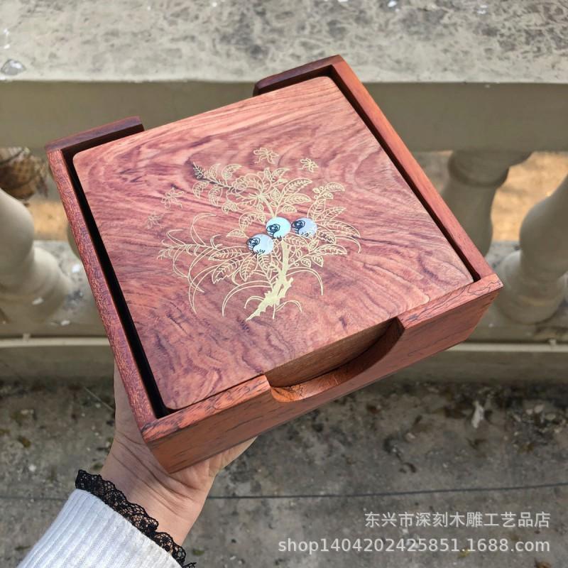Wooden Coaster Set Tea Cup Table Mat Heat Resistant Handcrafted Floral Carved Dining Accessory Modern Minimalist