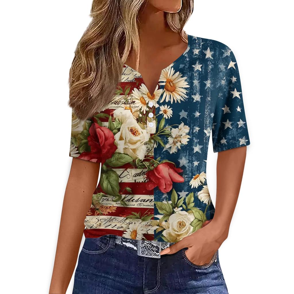 Women's T Shirt Tee Print Button Short Sleeve Daily Weekend Fashion Basic V- Neck Regular Top