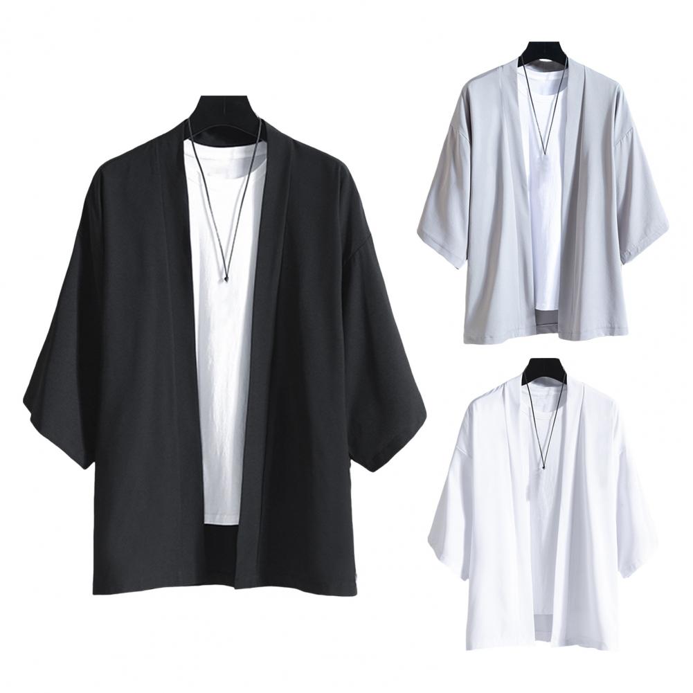 Spring Summer Men Blouse Cardigan Chinese Style Three-Quarter Sleeves Open Stitch Comfortable Fit Everyday Wear School Dating Mid Length Top