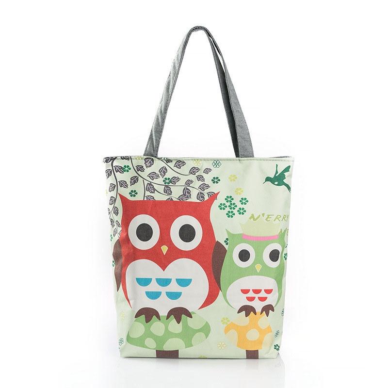 Stylish Women's Canvas Tote Shoulder Handbag Featuring Owl Design For Travel And Shopping