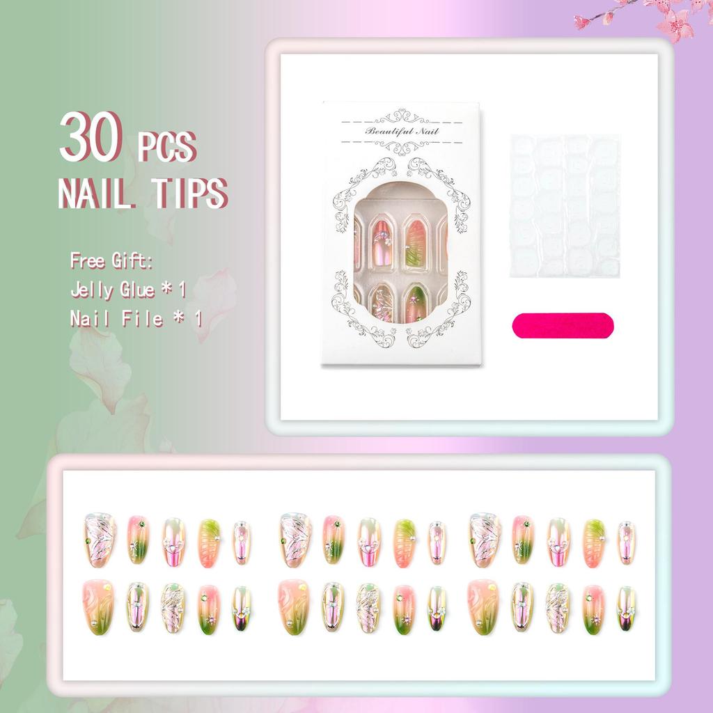 30-teilige Luxus-Lila-Aurora-Mandelnägel: 3D Schmetterlingsblumen und Diamantmalerei