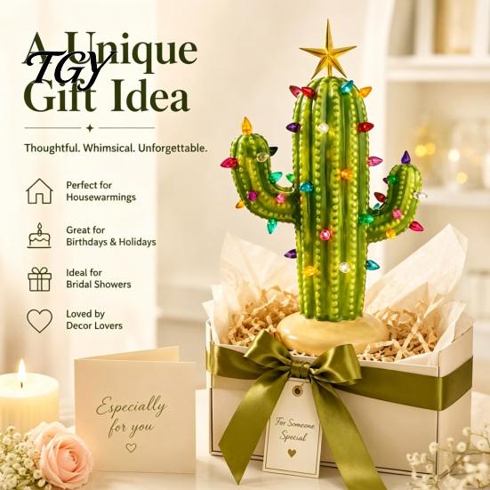 Resin Tabletop Decor for Home Vintage Lighted Cactus Christmas Tree, Saguaro with Bulbs & Golden Colorful Crystal Lamp Display Star Topper,