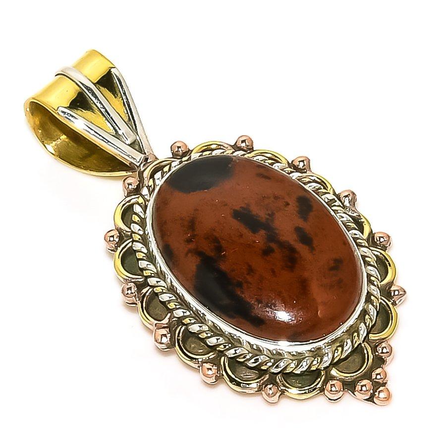 

Natural Mahogany Obsidian Two Tone 925 Solid Sterling Silver Pendant 1.50 s3Q85