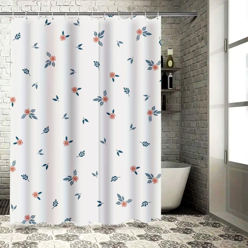 Modern Floral Print Shower Curtain Waterproof Bath Decor With 12 Hooks Set For Home Decoration In White Color (S)