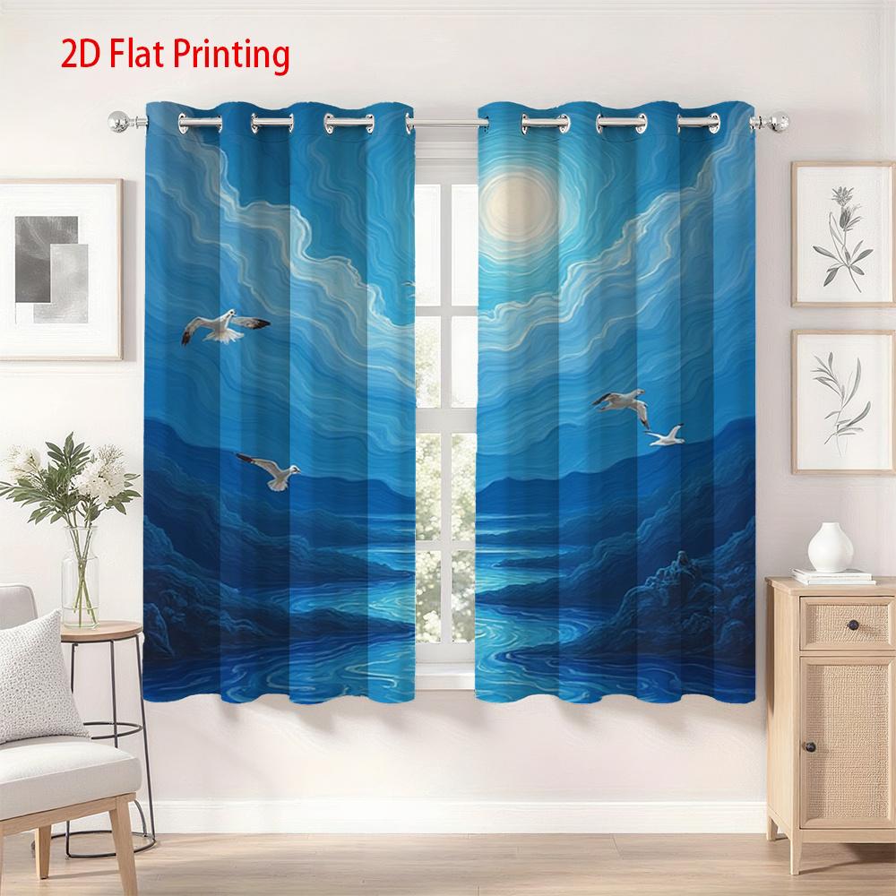 2pcs Blue Night Sky Curtains with Moon & Seagulls Design - Semi-Transparent Polyester   Machine Washable   Grommet Top for Easy