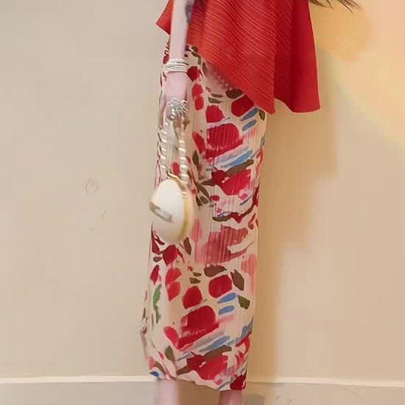 

[Большая распродажа] Экспорт Летний Корейский Стиль Сладкая Одежда Женский Свободный Асимметричный Костюм Жилет Топы Цветочная Плиссированная Юбка Red overskirt One size