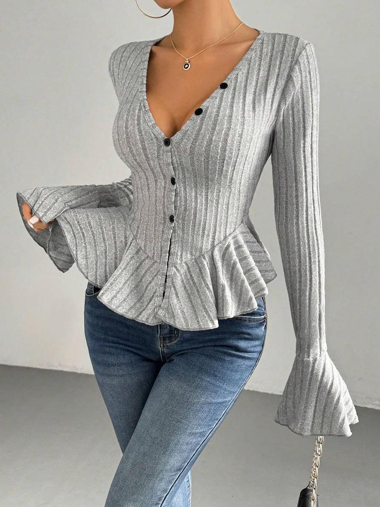 Elegant V-Waist Ruffle Knit Top for Women - Autumn/Winter Style