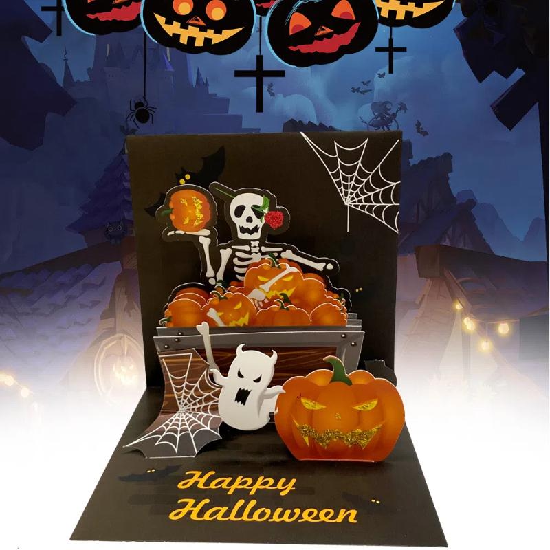 Halloween 3D Glittering Pumpkin Skull Greeting Card Hot Gold Edition Party Invitation Card Eye-Catching Design for Party