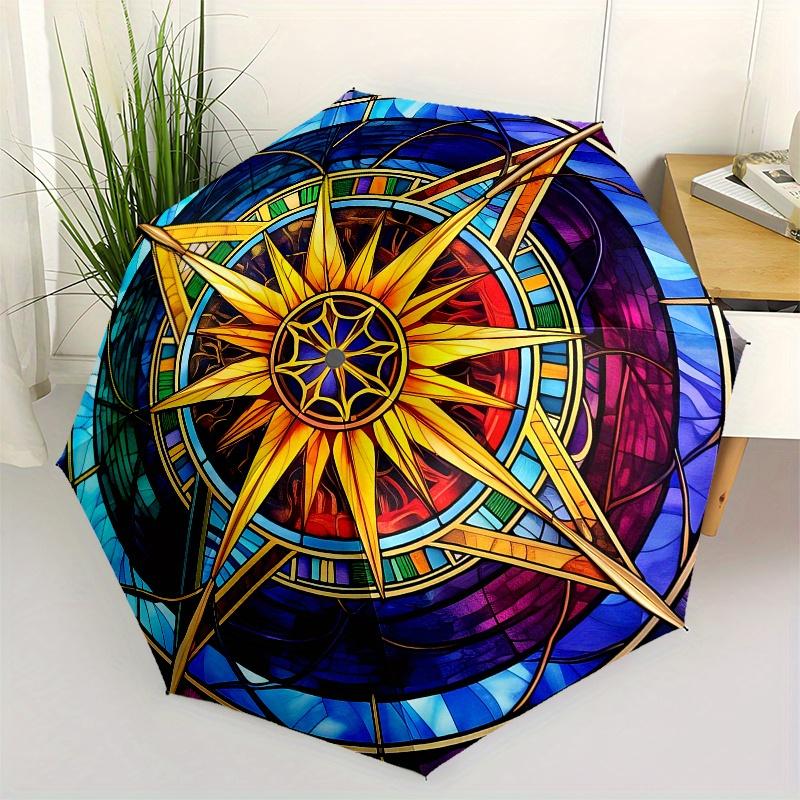

Stained Glass Compass Window Art Decor, Vibrant Sunburst Design for Home or Office Walls Umbrella, Cute Umbrella with Cute Design, Portable 3-Fold Com