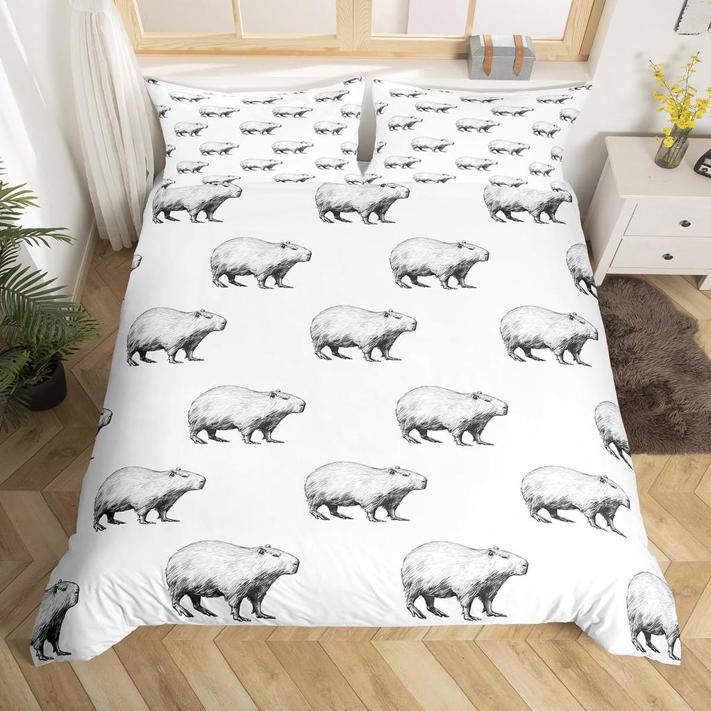 Cartoon Capybara Duvet Cover Twin Queen Toddler Botanical Leaves Funny Animal Bedding Set Graffiti Sketch Lines Comforter Cover