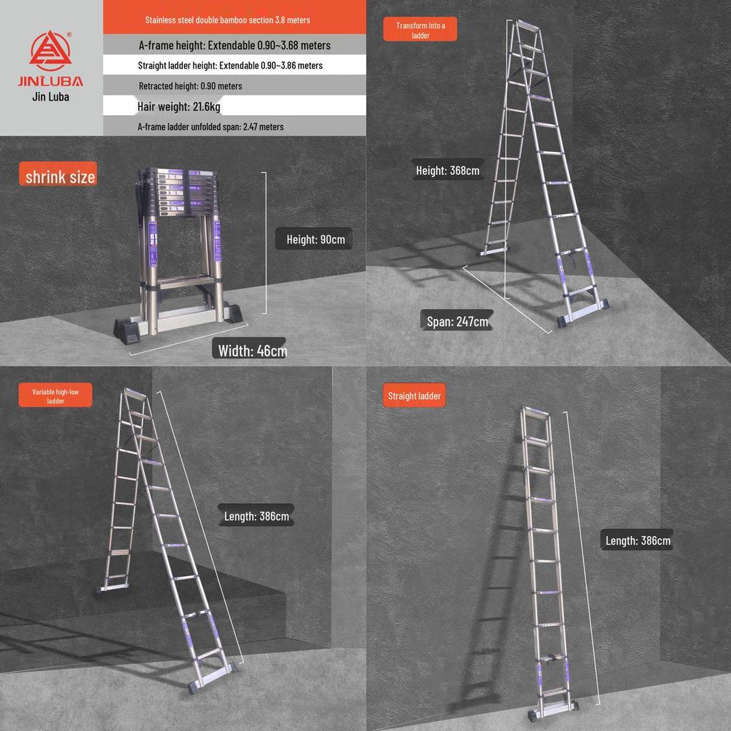 Jinluba Aluminum Telescopic A-Frame Ladder - Thickened, Stainless Steel, Bamboo Joint, for Household & Engineering Use