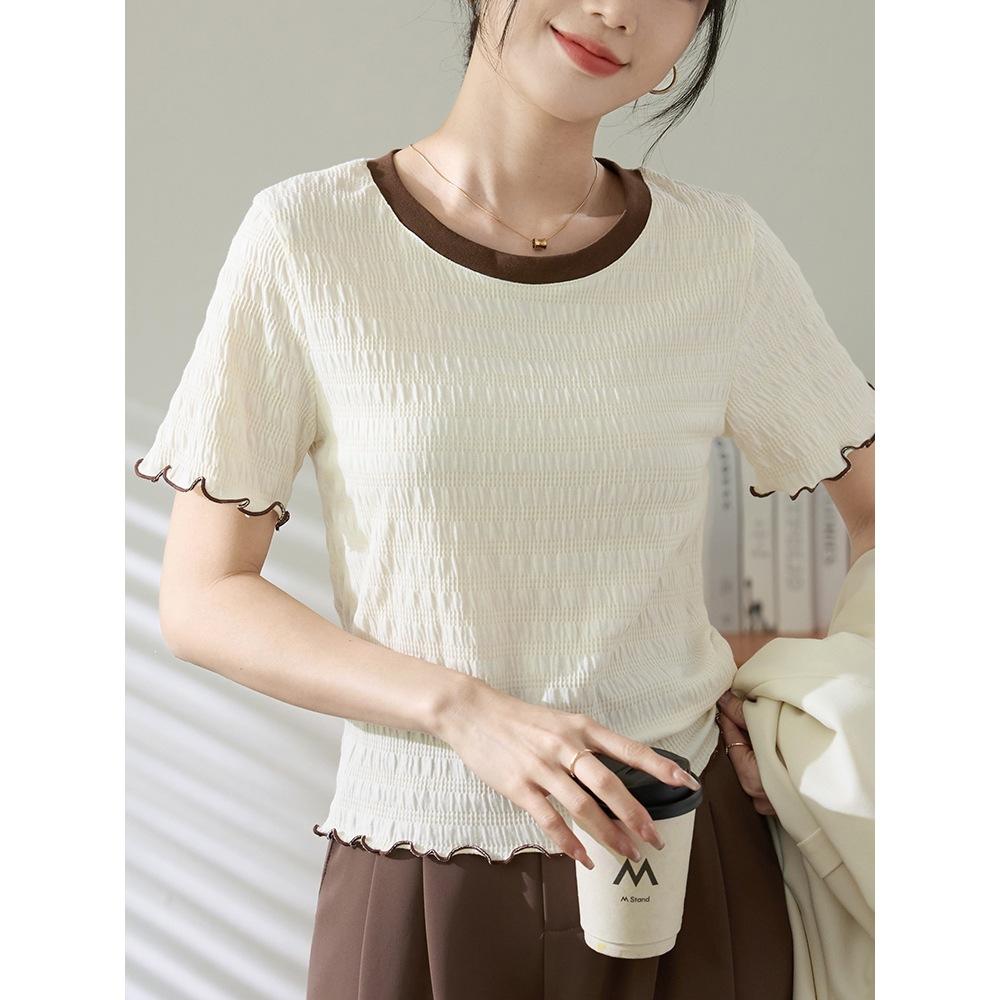 No price reduction #front shoulder short-sleeved t-shirt women's summer contrasting color round neck fungus edge design top