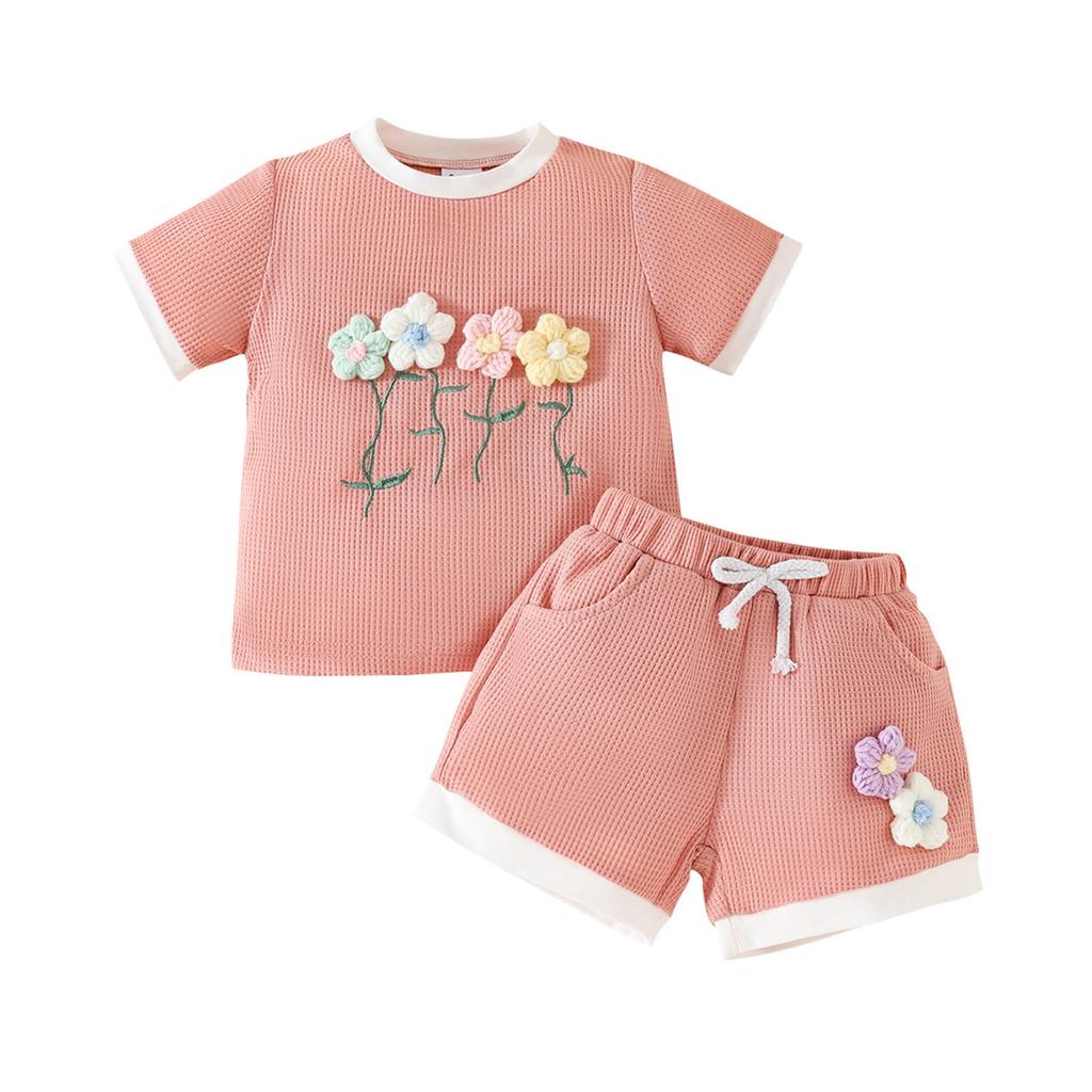 Kinderkleidung Kinder Sommer Rundhalsausschnitt Farbe Kurzarm Dreidimensionale Blume 2-teiliges Set