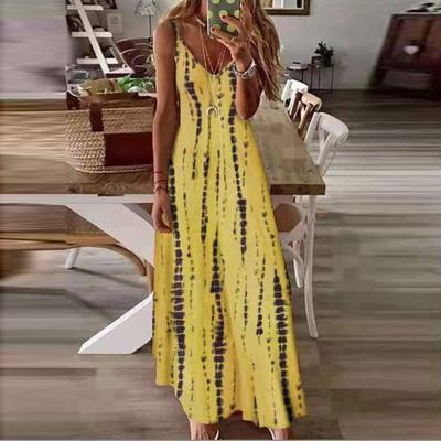 Women's Fashion Summer Spring Colour Block Print Sleeveless V-Neck High Waist Casual Dresses