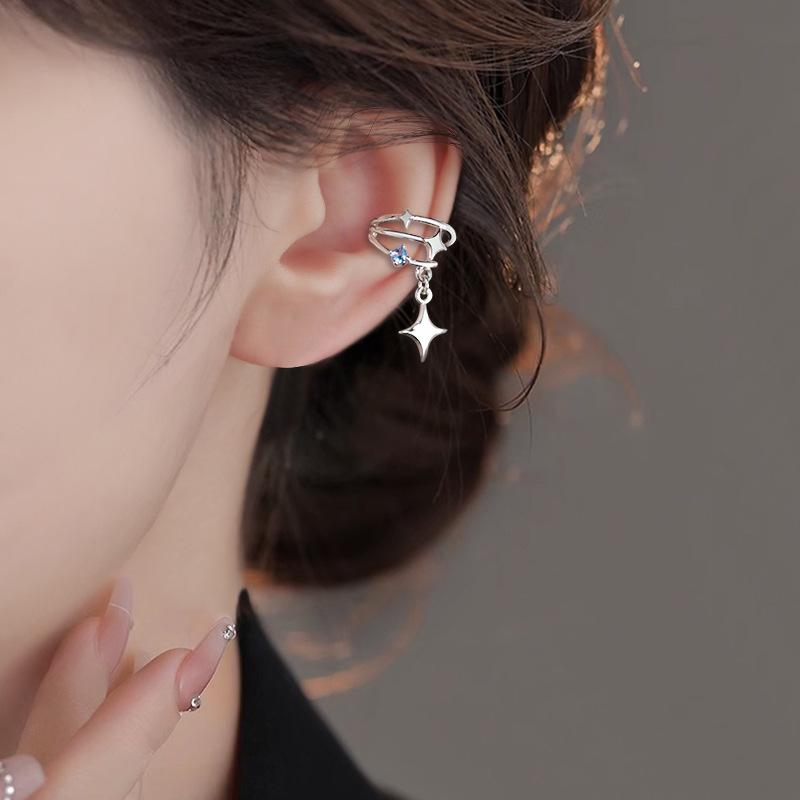 Korean Fashion Blue Zircon Star Clip Earrings for Women Girls Simple Hollow Multi-Layer Star Ear Cuff Non-Piercing Jewelry Gift