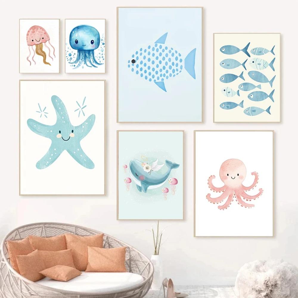 Cute Ocean Animals Watercolor Poster Minimalism Beach Octopus Whale Prints Canvas Painting Wall Art Picture Home Kids Room Decor