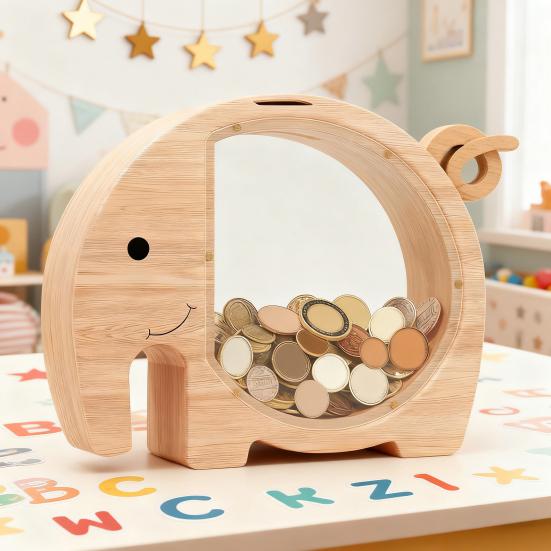 Träelefant Spargris Barn Myntbank Sparburk med Transparent Fönster Söt Okrossbar Pengabox Födelsedagspresent för Pojkar Flickor