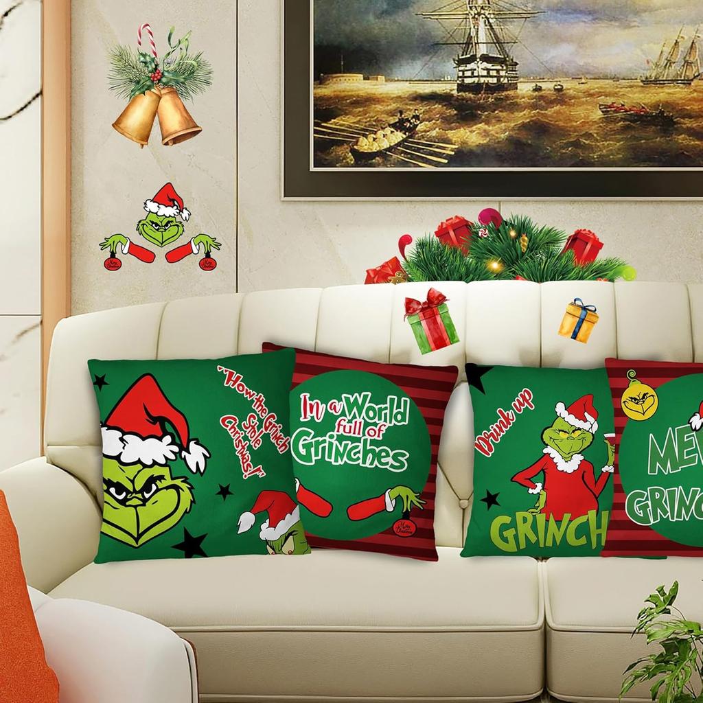 4PCS Christmas Happy Throw Pillow Cover, 18 X 18 Inch, Winter Holiday Cushion Cover Sofa Decor