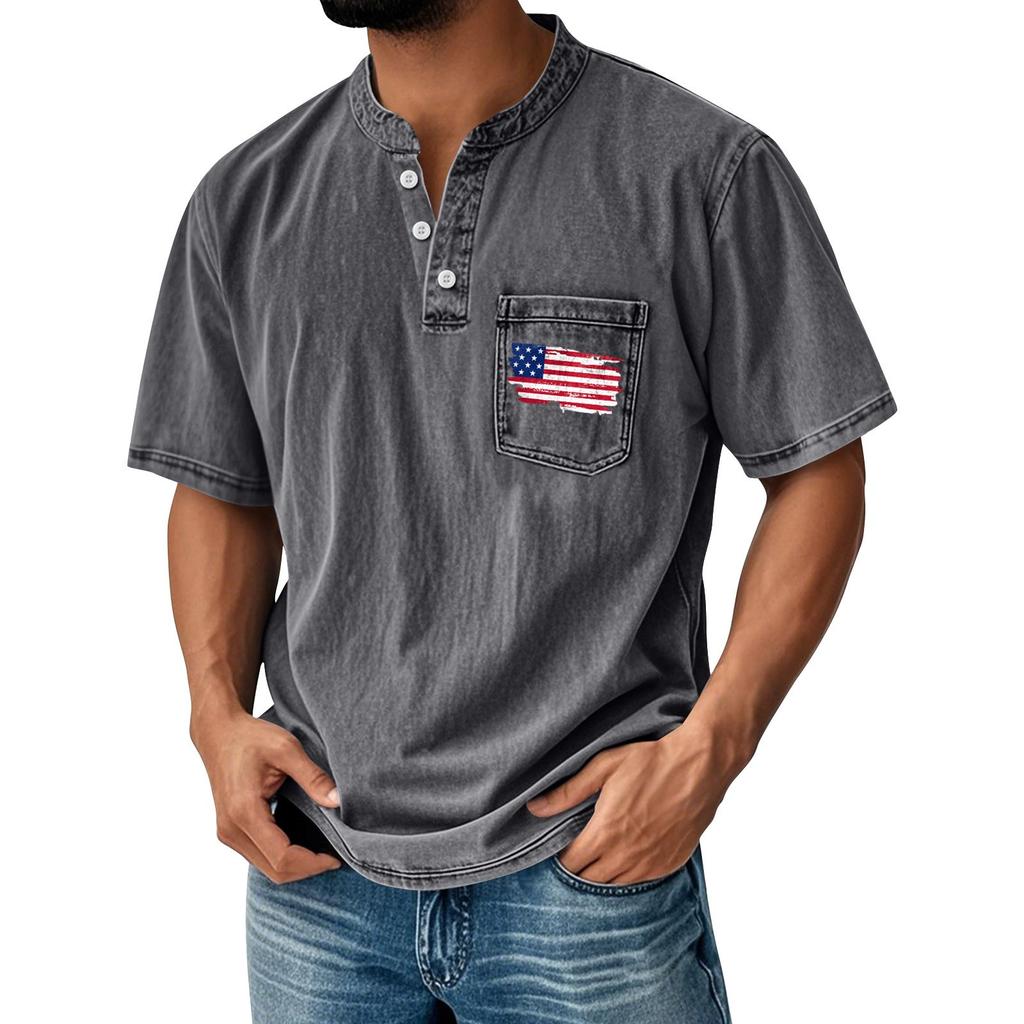 Men's Summer Independence Day Pattern Round Neck Short Sleeve T-Shirt Neck Men's All-match Casual Button Shirt