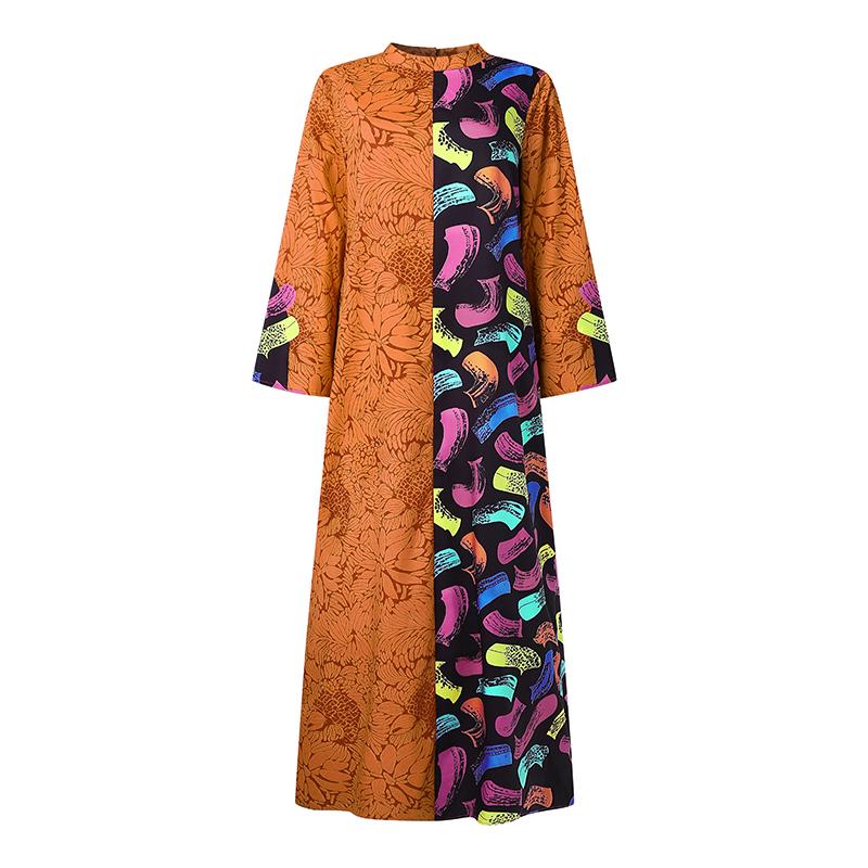 Übergroßes Damen Langarm Print Patchwork Lässiges Lockeres Maxi Kaftan Kleid