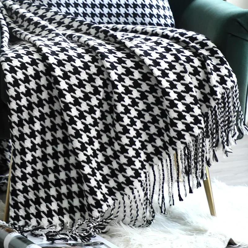 Modern simple throw blanket black and white houndstooth decorative sofa blanket homestay hotel bed end towel bed flag soft scarf 80x200cm