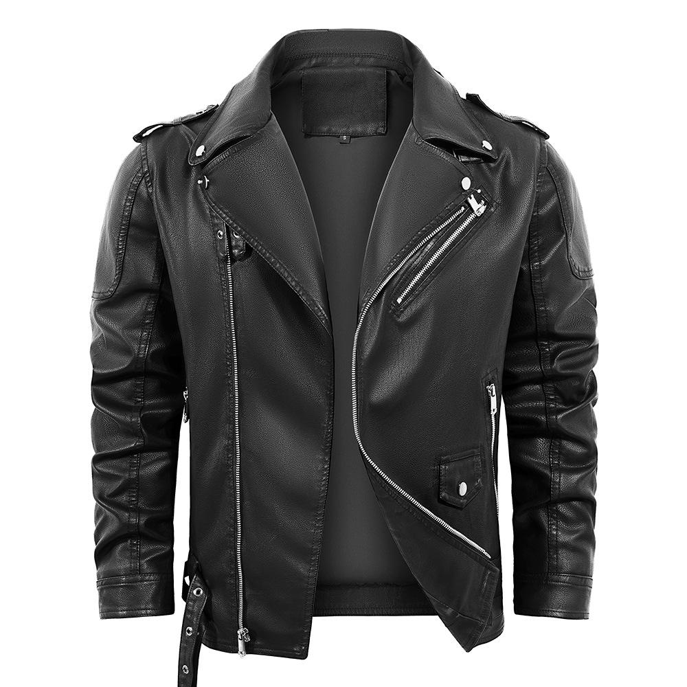 European and American locomotive PU leather jacket multi-zipper belt leather jacket men's autumn and winter hip-hop jacket European size