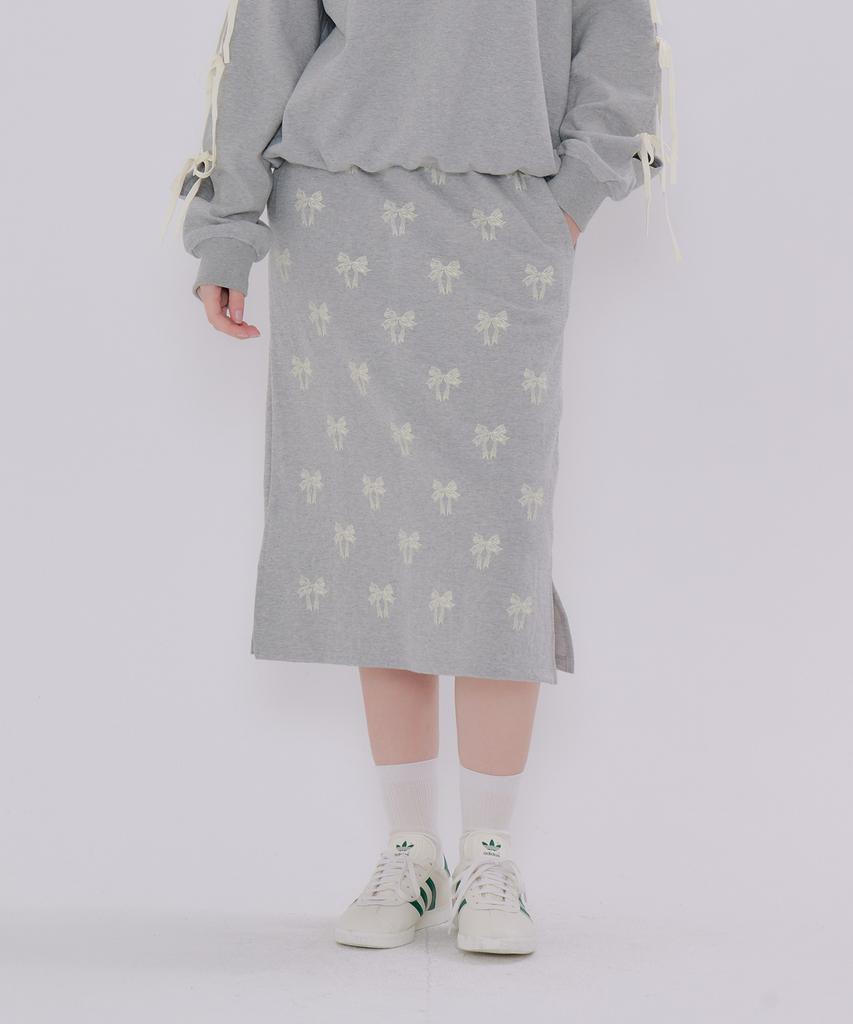 Metapeo Ribbon Print Elastic Waist Long Skirt Gray