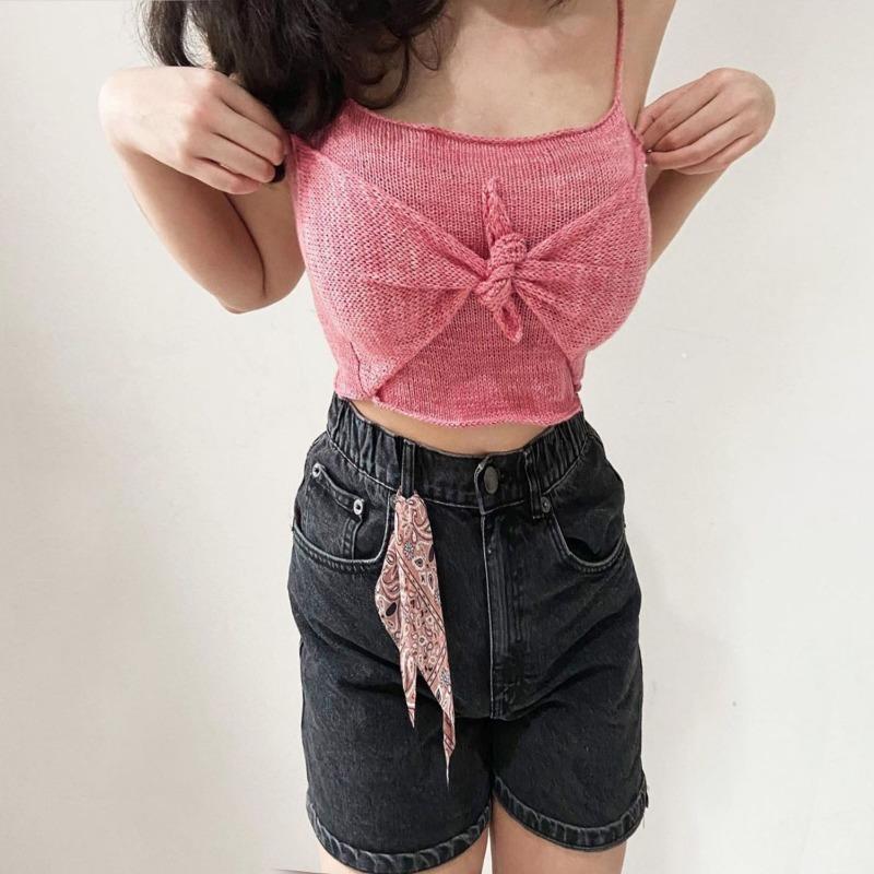 

Весенне-летний шерстяной трикотажный топ с маленьким свежим бантом S розовый