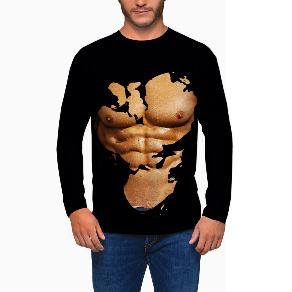 Spring and Autumn Round Neck Simulated Muscle Pattern 3D Printed Top Fashionable Casual Long Sleeved Men's T-shirts
