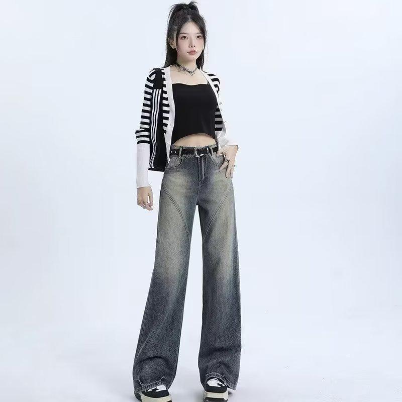 

Женские уличные ретро джинсы широкого кроя – Новый осенний драпирующийся стиль прямого кроя длиной до пола Large