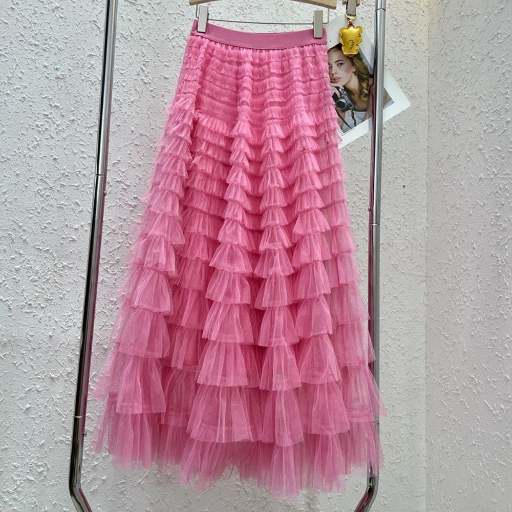Women's Elastic Waist A‑Line Maxi Tulle Skirt Fresh Sweet Tiered Cake Long Skirt