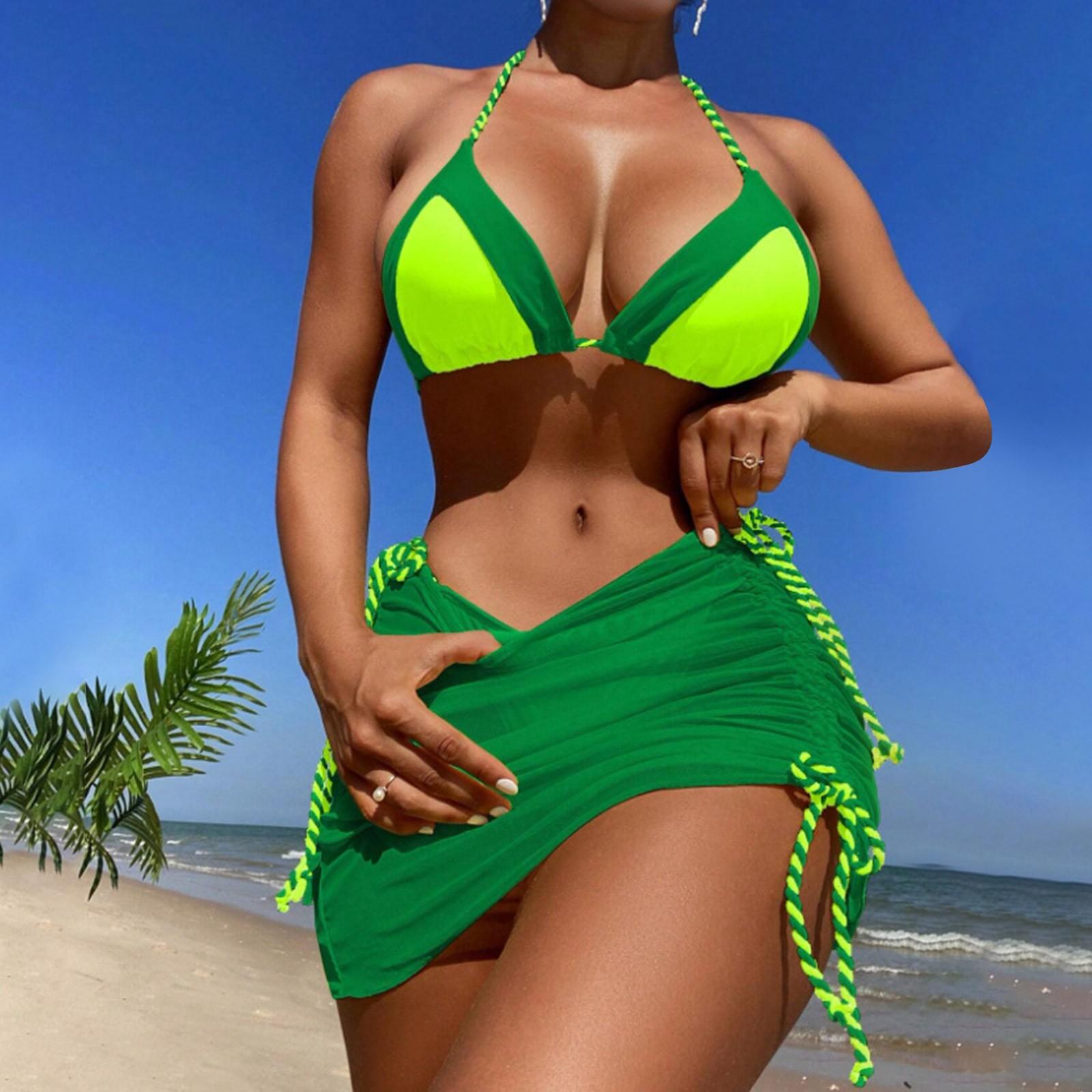 

Женский комплект бикини с высокой грудью и бретелями с принтом, двухсекционный купальник L зелёный