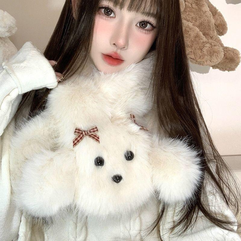 1116 New Korean Version Plush Small Scarf Fur Collar Women Winter Thickened Warm Versatile Cold Neck Protection Cross Scarf