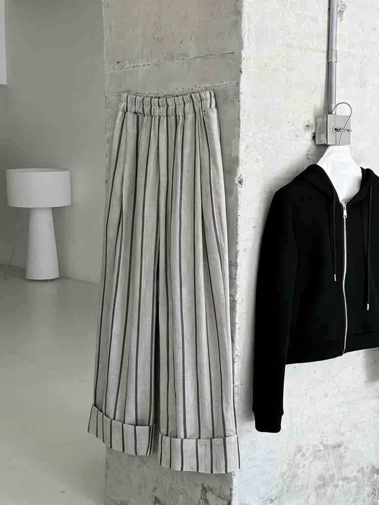 Lu Xi Japanese Retro Linen Striped Wide-Leg Pants - Spring 2026