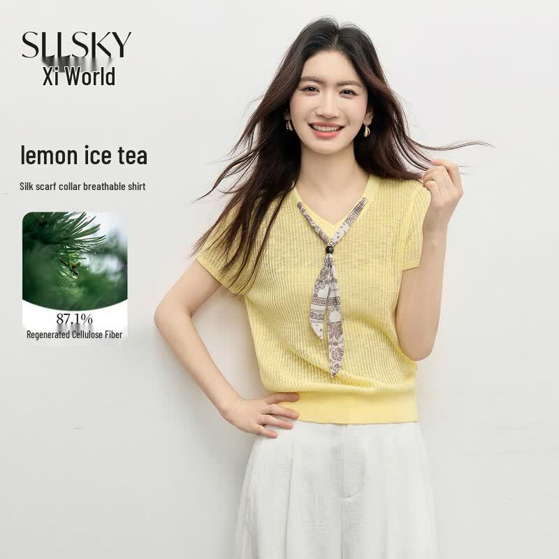 Sllsky Women s French Style Ice Silk Knit V-neck Short Sleeve Top S