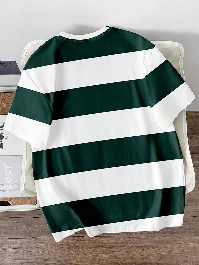 [Printed Design – Not Textured] Men's Casual Crew Neck Striped T-Shirt, Soft and Breathable Crew Neck, Comfortable for All Seasons, for Sports Fans,