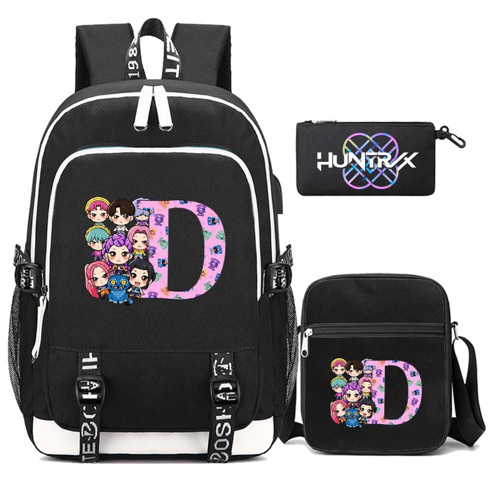 3Pcs/set 26 English Letter Kpop Printed Backpack with Shoulder Bag Pencil Case for Teenager Girl Boy Bookbag Large Capacity Waterproof Travel Bag