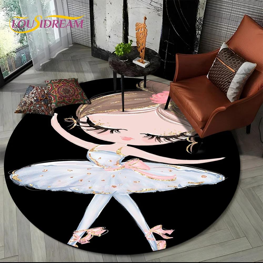 Ballet Girl Cartoon Flower Fairy Ballerina Round Carpet Rug for Living Room Bedroom Child Decor,Pet Area Rug Non-slip Floor Mat