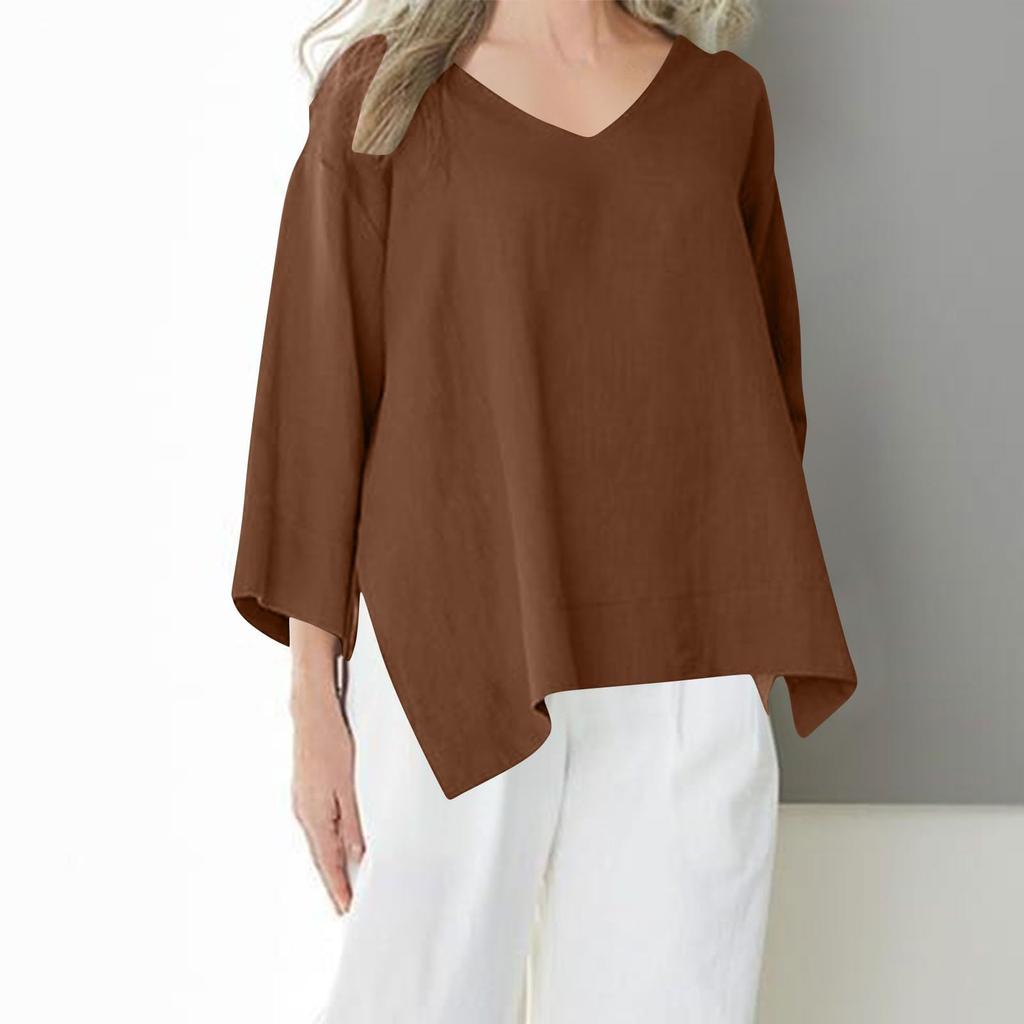 Ladies' Casual Fashion Solid Color V-neck Loose Slit Casual Solid Color Cotton And Linen Top