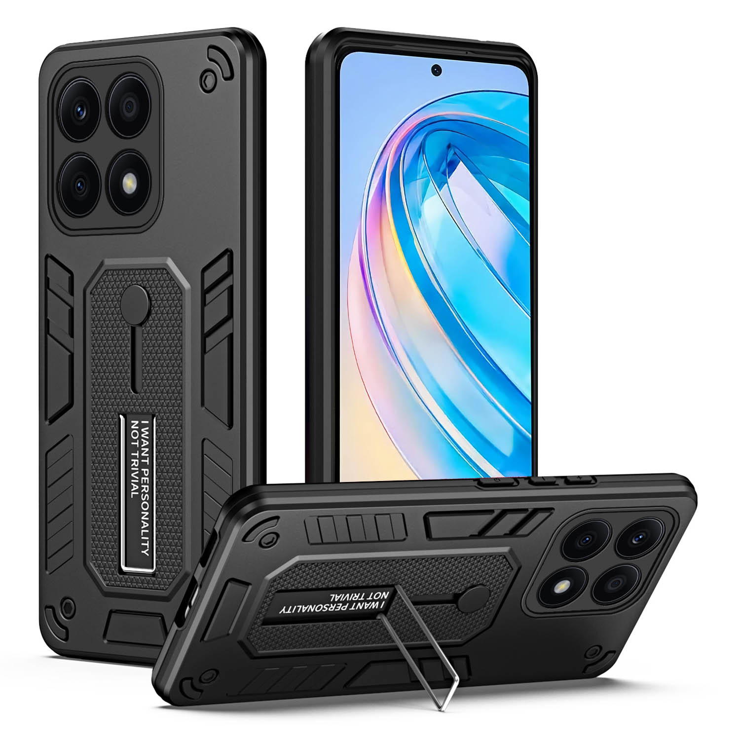 

For Honor X8a 4G Hidden Kickstand Phone Case TPU+PC Back Cover with Silicone Ring Strap Black