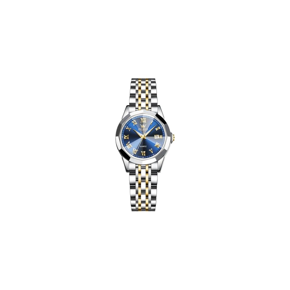 OLEVS Women s Business Analog Quartz Watch Waterproof Blue Dial Gold Silver Stainless Steel Lightweight Roman Numerals
