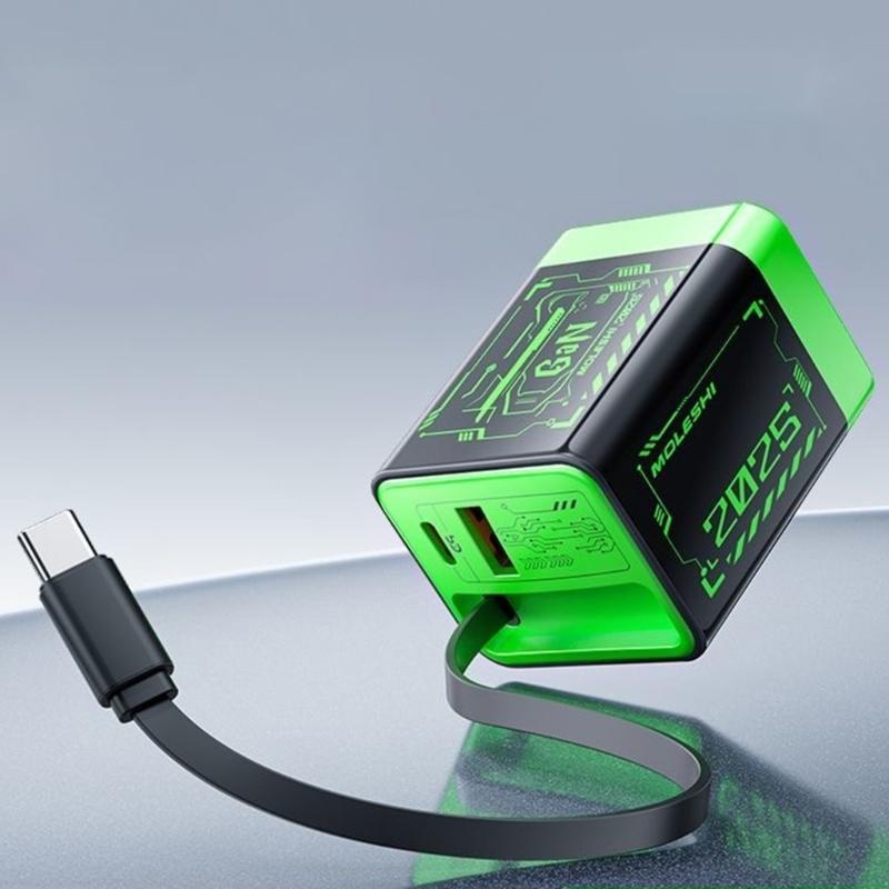 Portable Fast Speed 67W Charging Adapter With Retractable Cord Cable Double USB A+C Port For Phone Tablet Laptop Devices