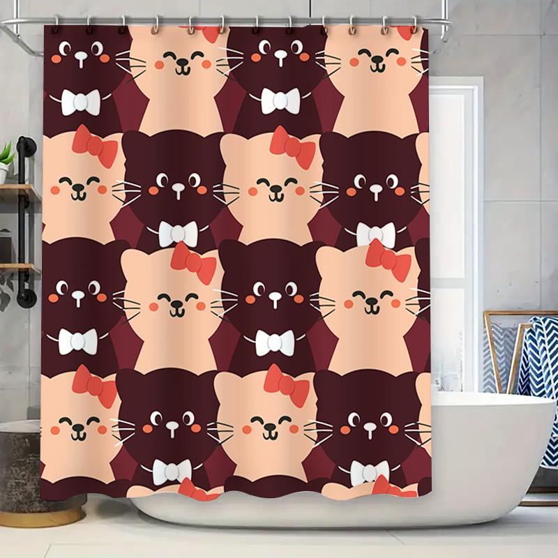 

Kitten Shower Curtain Set Red And Pink Cat Print Fabric Waterproof Bath Decor For Bathroom Accessories Home Supplies W60H190(CM)-1 Pcs