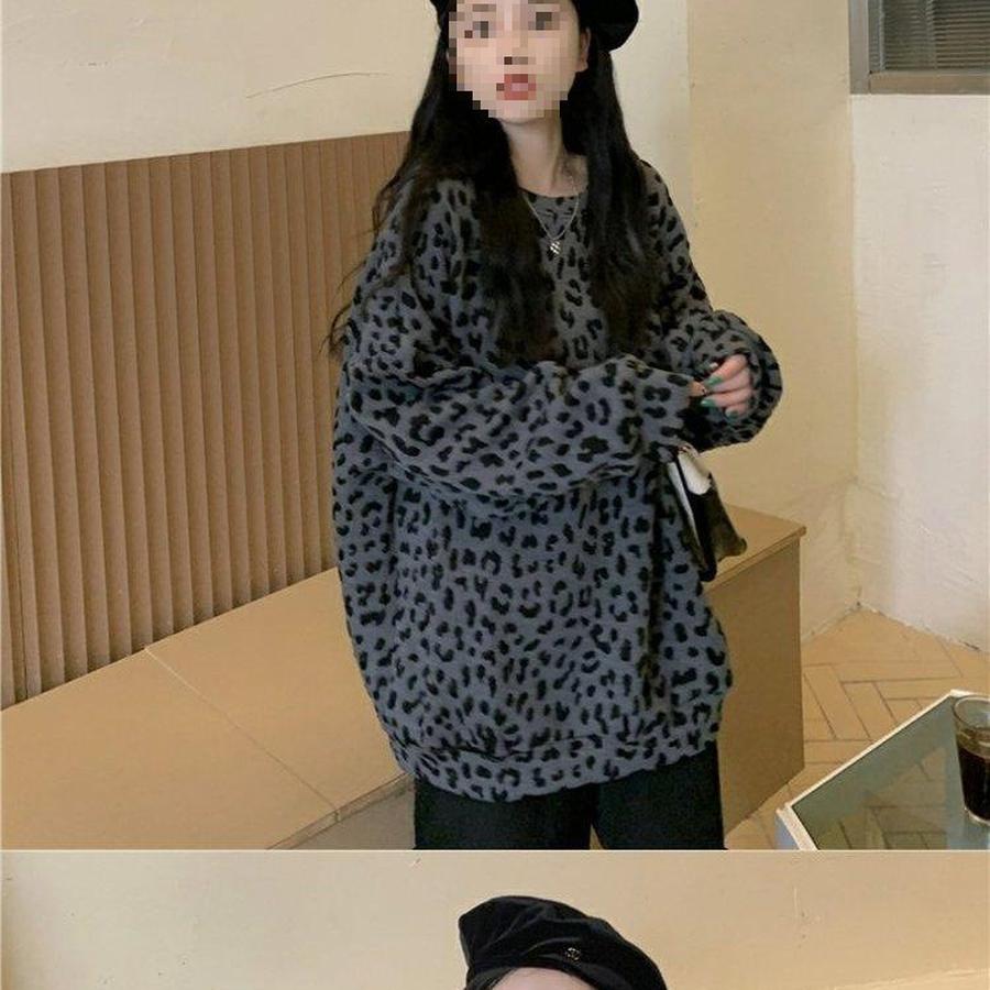 Leopardmönstrad Rundhalsad Fleecetröja för Kvinnor Vår/Höst 300lbs Design Mode Lös Vardaglig Långärmad Topp