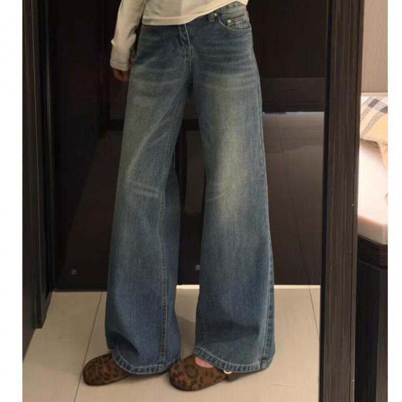 

Plus Size Women s High Waist Blue Retro Wide Leg Jeans with Cat Whisker Texture M