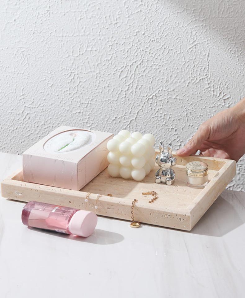 Nordic Beige Travertine Marble Tray: Light Luxury Entrance Hall Decoration & Jewelry Storage Ornament