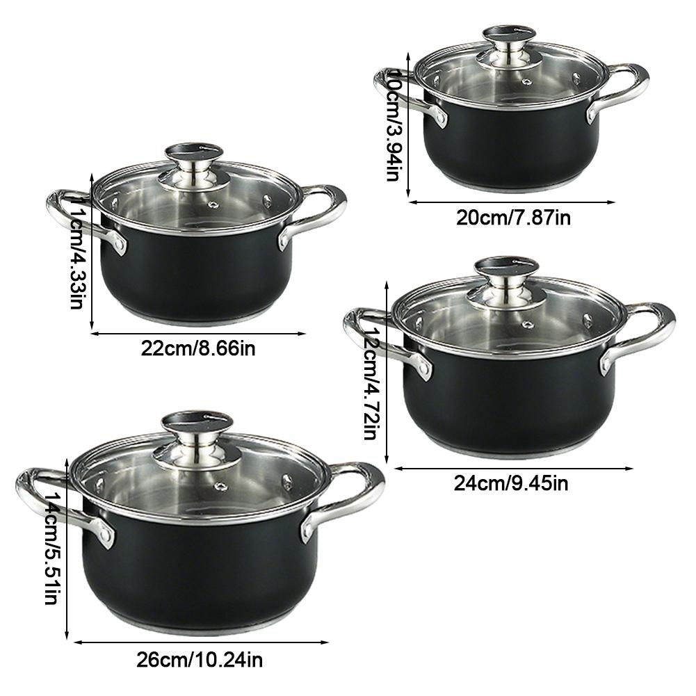 4Set Anti-Scratch Stainless Steel 20/22/24/26cm Stockpot Set with Glass Lid Tri-Ply Base Soup Cookware for All Kitchen Stove