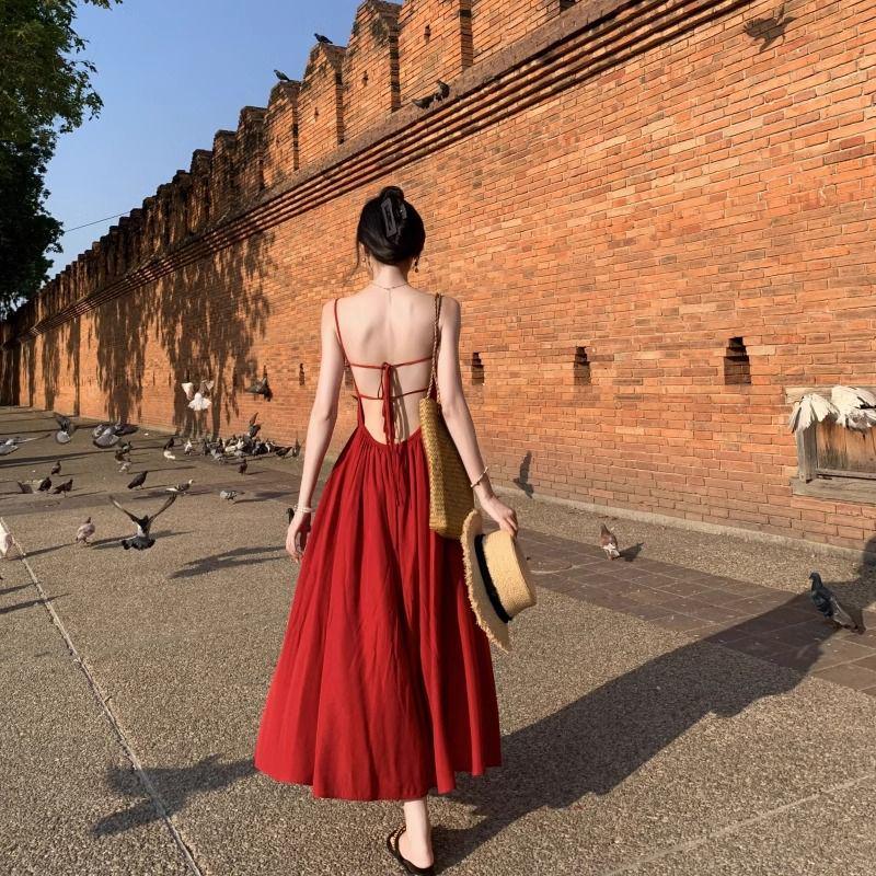 

Женское сексуальное красное платье-комбинация с открытой спиной - Идеально для пляжного отдыха и фотосессий S красный